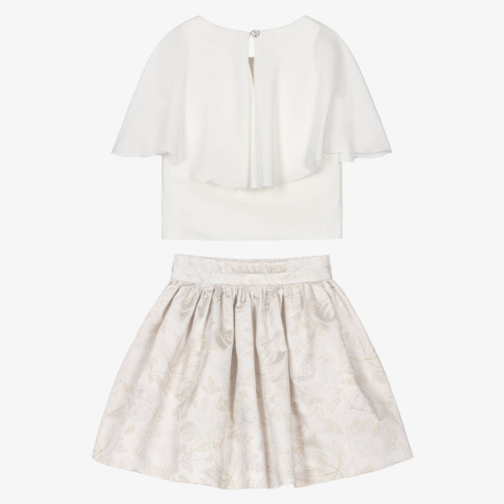 Monnalisa-Girls Ivory Jacquard Satin Skirt Set | Childrensalon