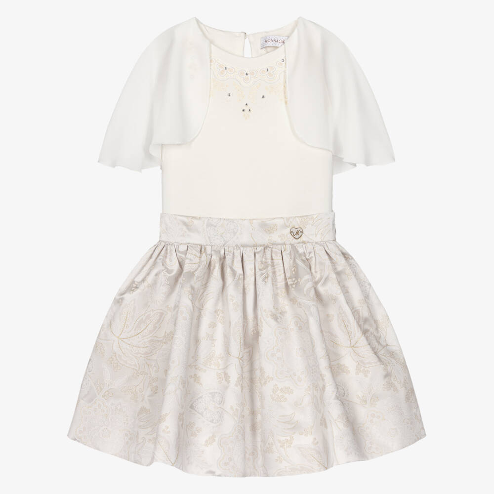 Monnalisa-Girls Ivory Jacquard Satin Skirt Set | Childrensalon
