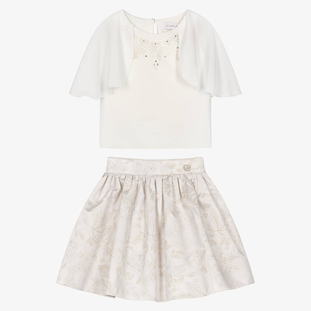 Monnalisa-Girls Ivory Jacquard Satin Skirt Set | Childrensalon