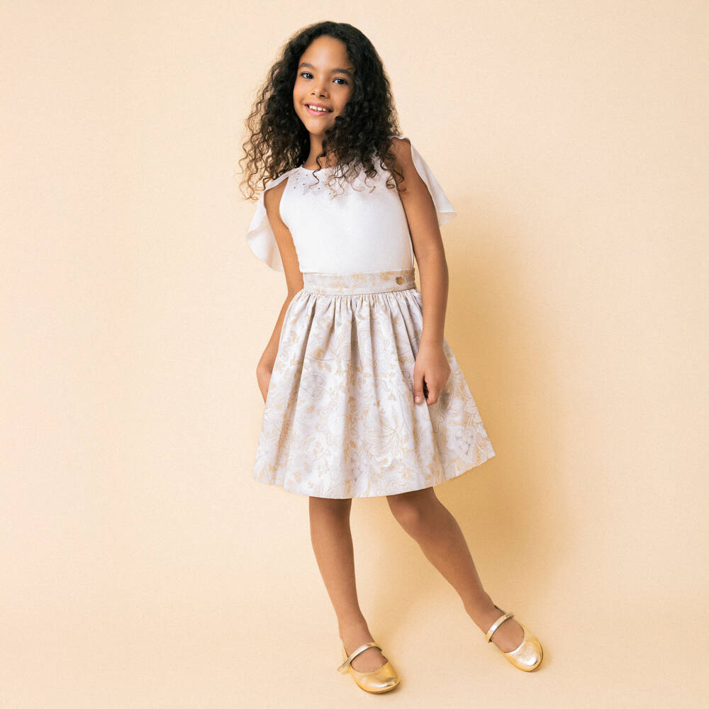 Monnalisa-Girls Ivory Jacquard Satin Skirt Set | Childrensalon