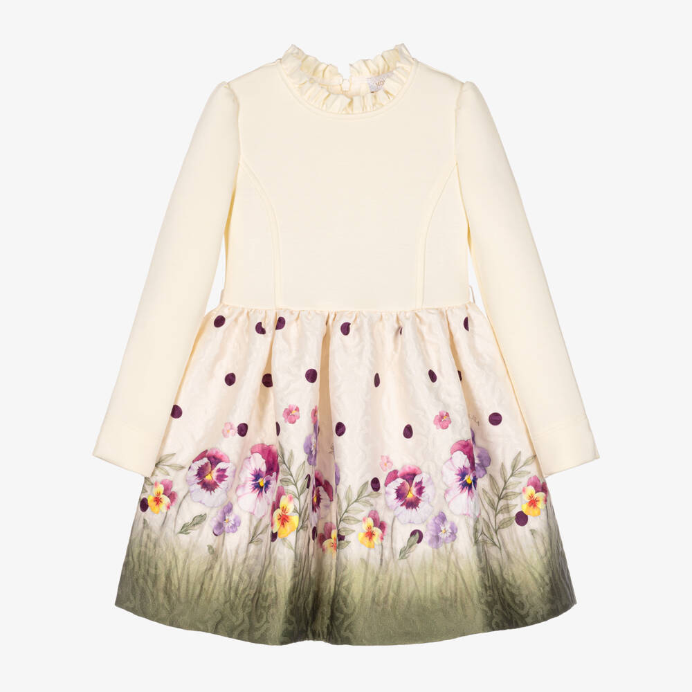 Monnalisa-Girls Ivory Jersey & Floral Jacquard Dress | Childrensalon