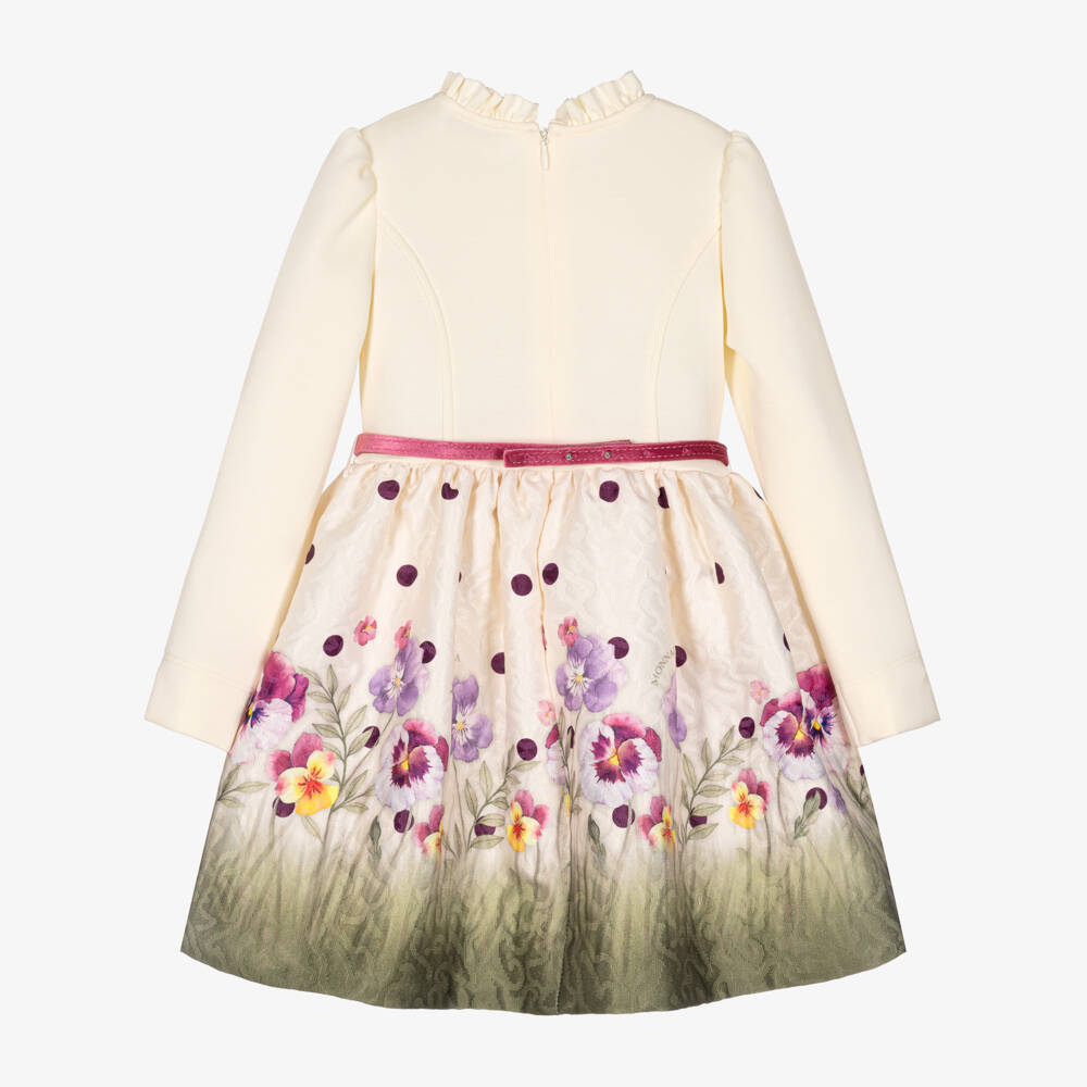 Monnalisa-Girls Ivory Jersey & Floral Jacquard Dress | Childrensalon