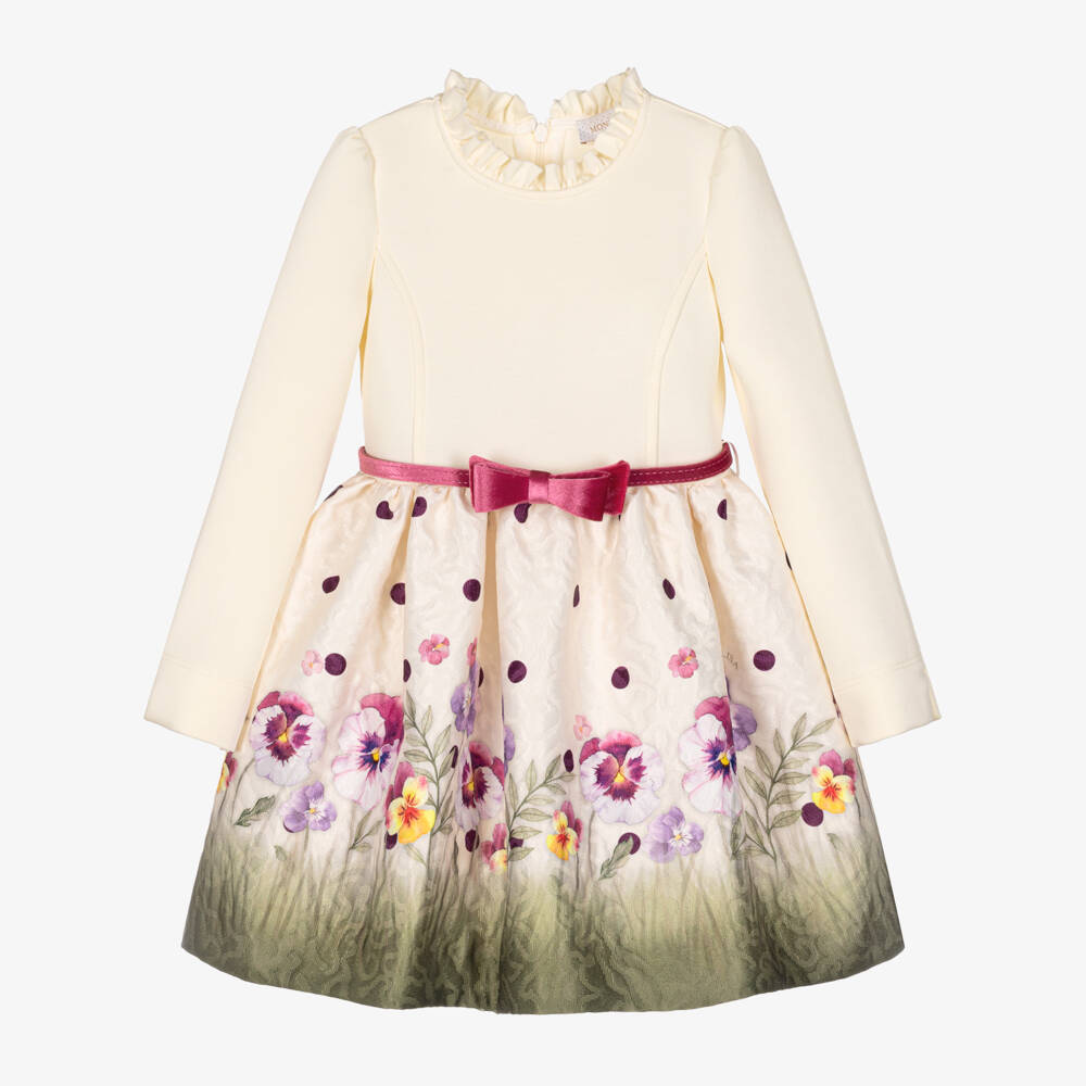 Monnalisa-Girls Ivory Jersey & Floral Jacquard Dress | Childrensalon