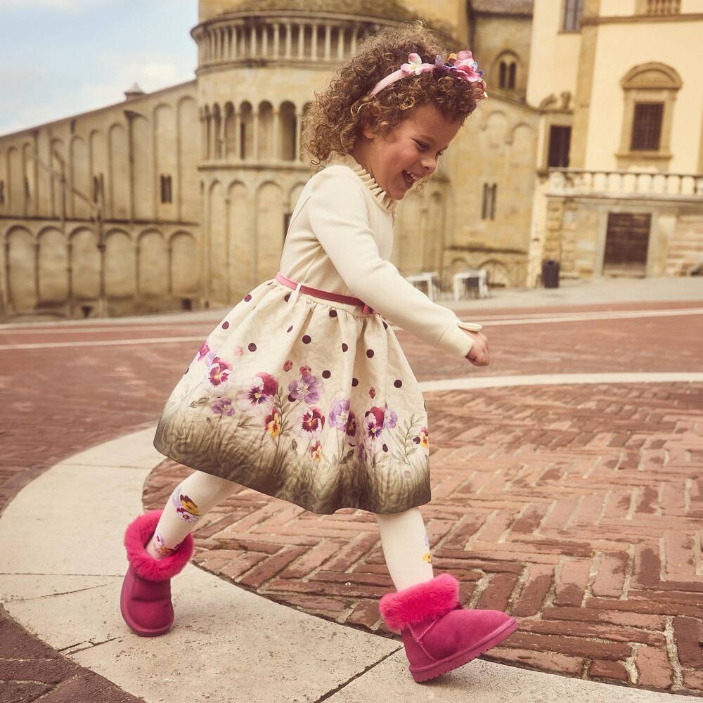 Monnalisa-Girls Ivory Jersey & Floral Jacquard Dress | Childrensalon