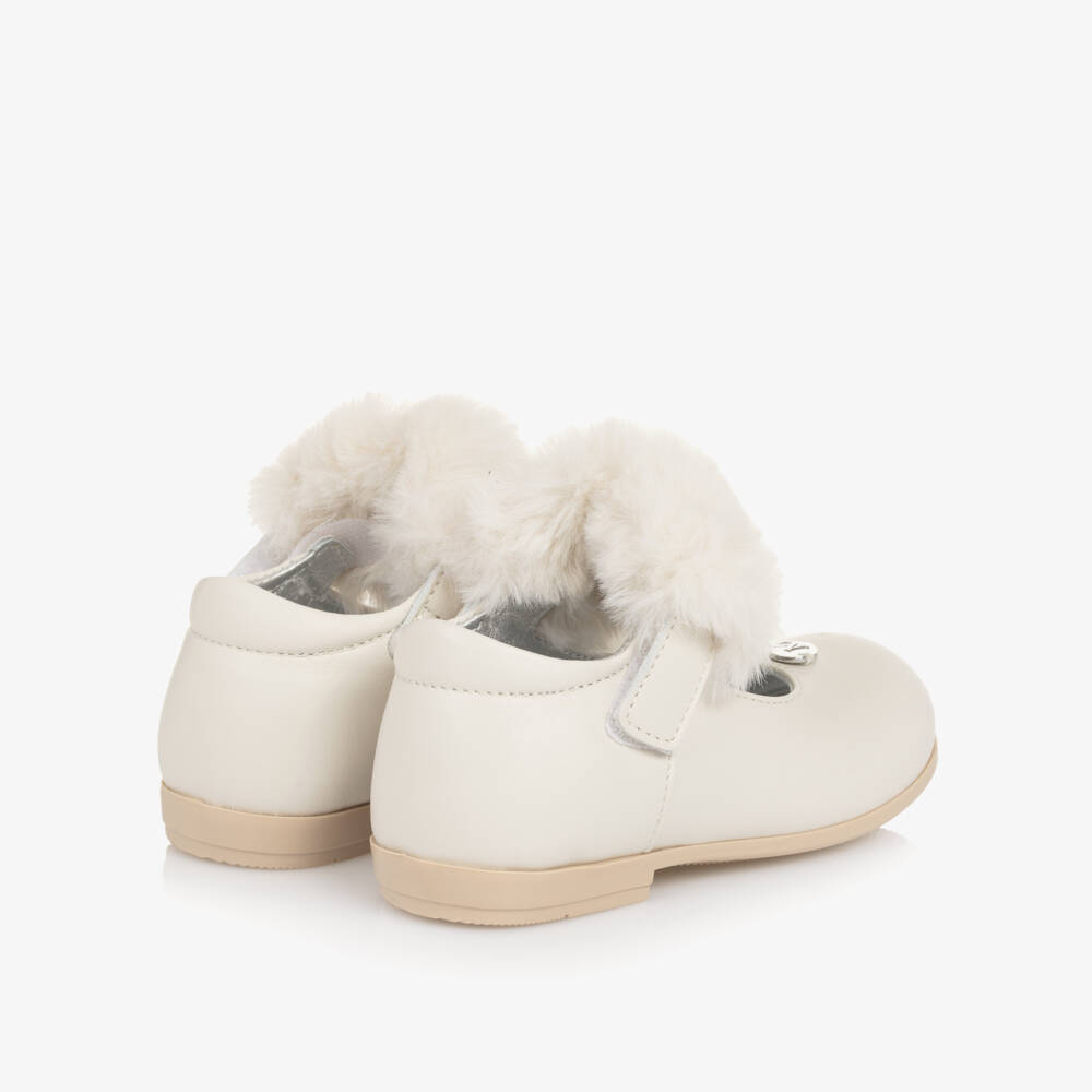 Monnalisa-Girls Ivory Leather Mary Janes with Faux Fur | Childrensalon