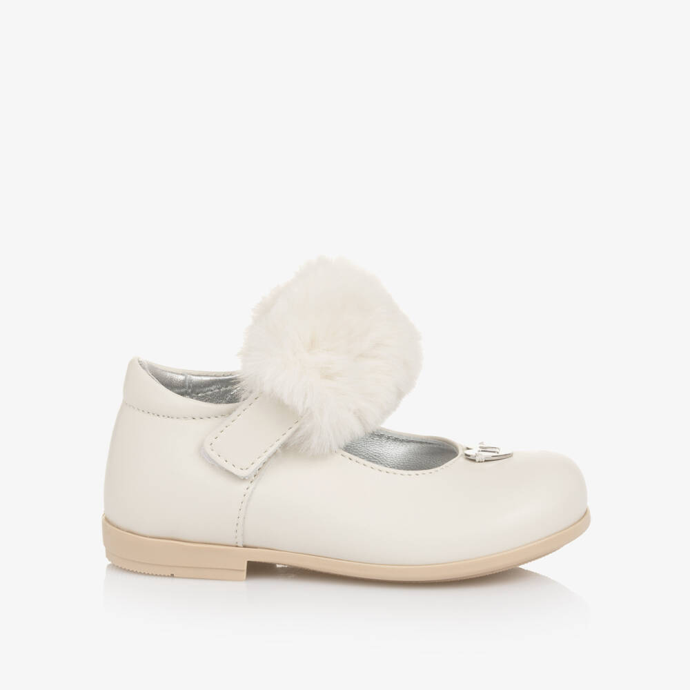 Monnalisa-Girls Ivory Leather Mary Janes with Faux Fur | Childrensalon