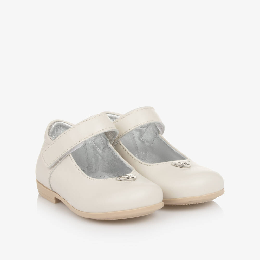 Monnalisa-Girls Ivory Leather Mary Janes with Faux Fur | Childrensalon