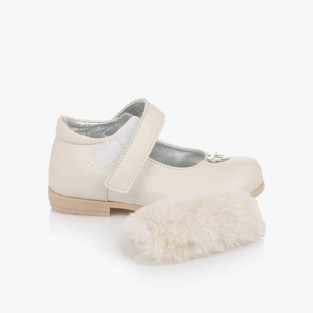 Monnalisa-Girls Ivory Leather Mary Janes with Faux Fur | Childrensalon