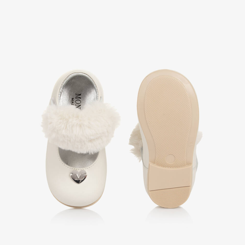 Monnalisa-Girls Ivory Leather Mary Janes with Faux Fur | Childrensalon