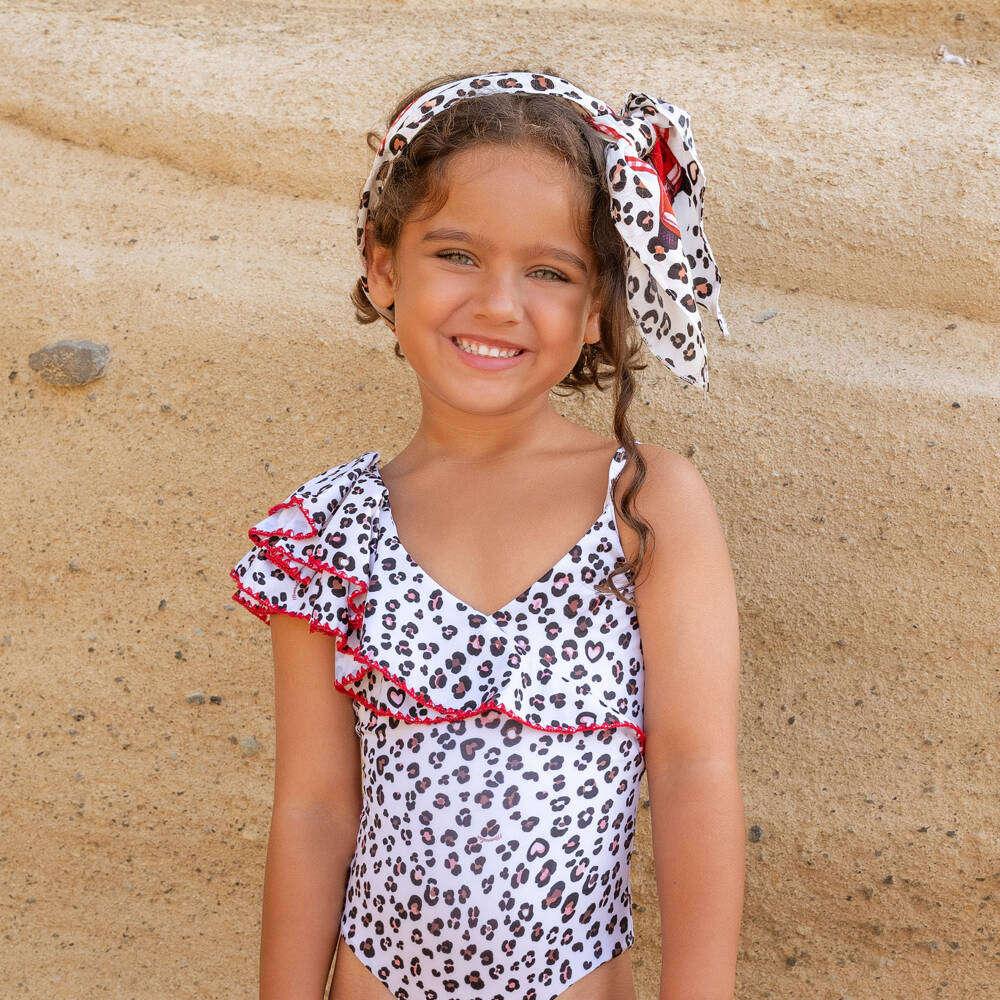 Monnalisa-Girls Ivory Leopard Print Swimsuit | Childrensalon
