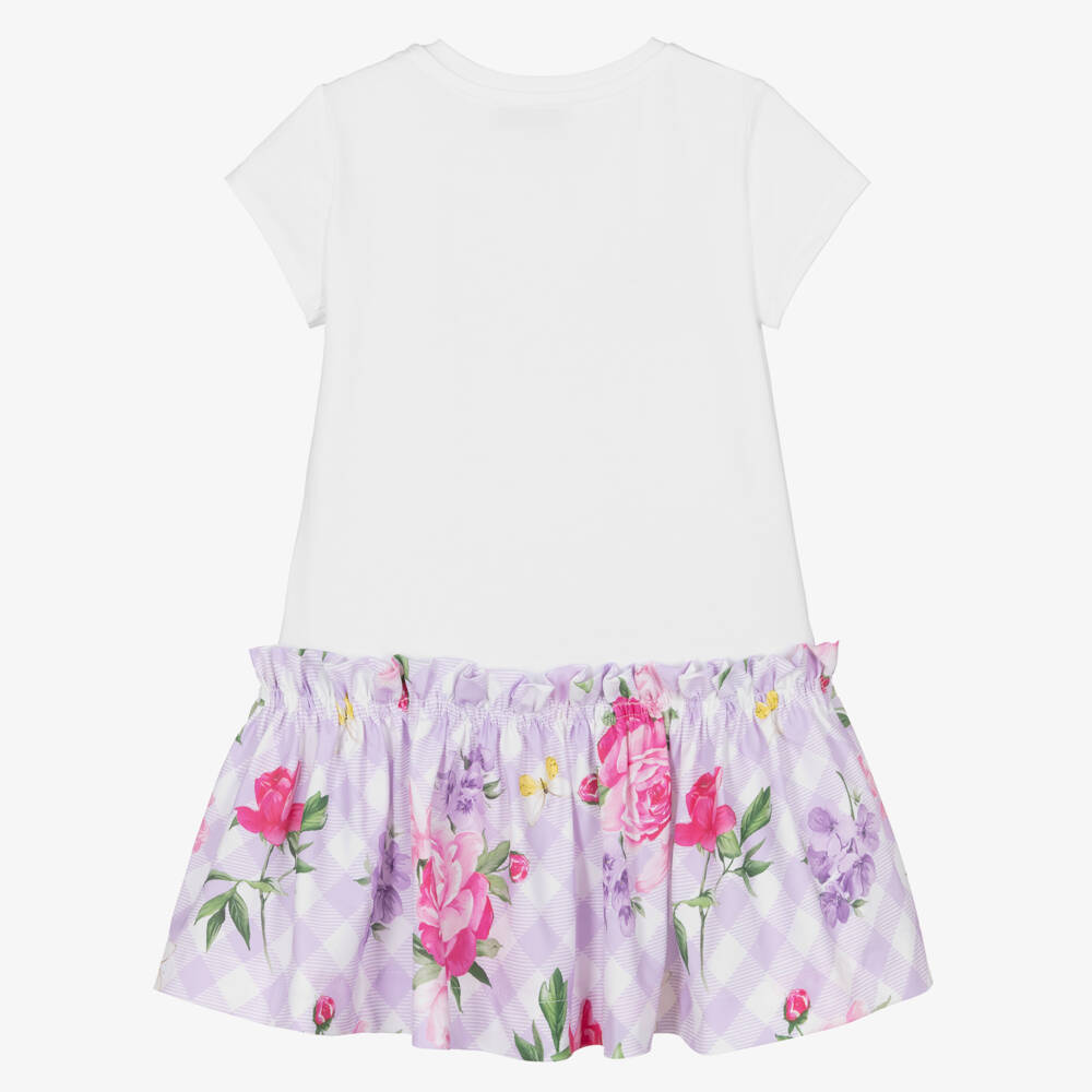 Monnalisa-Girls Ivory & Lilac Cotton Dress with Flowers & Butterflies | Childrensalon