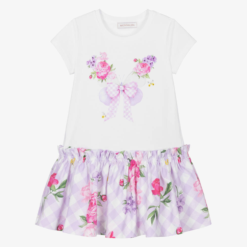 Monnalisa-Girls Ivory & Lilac Cotton Dress with Flowers & Butterflies | Childrensalon