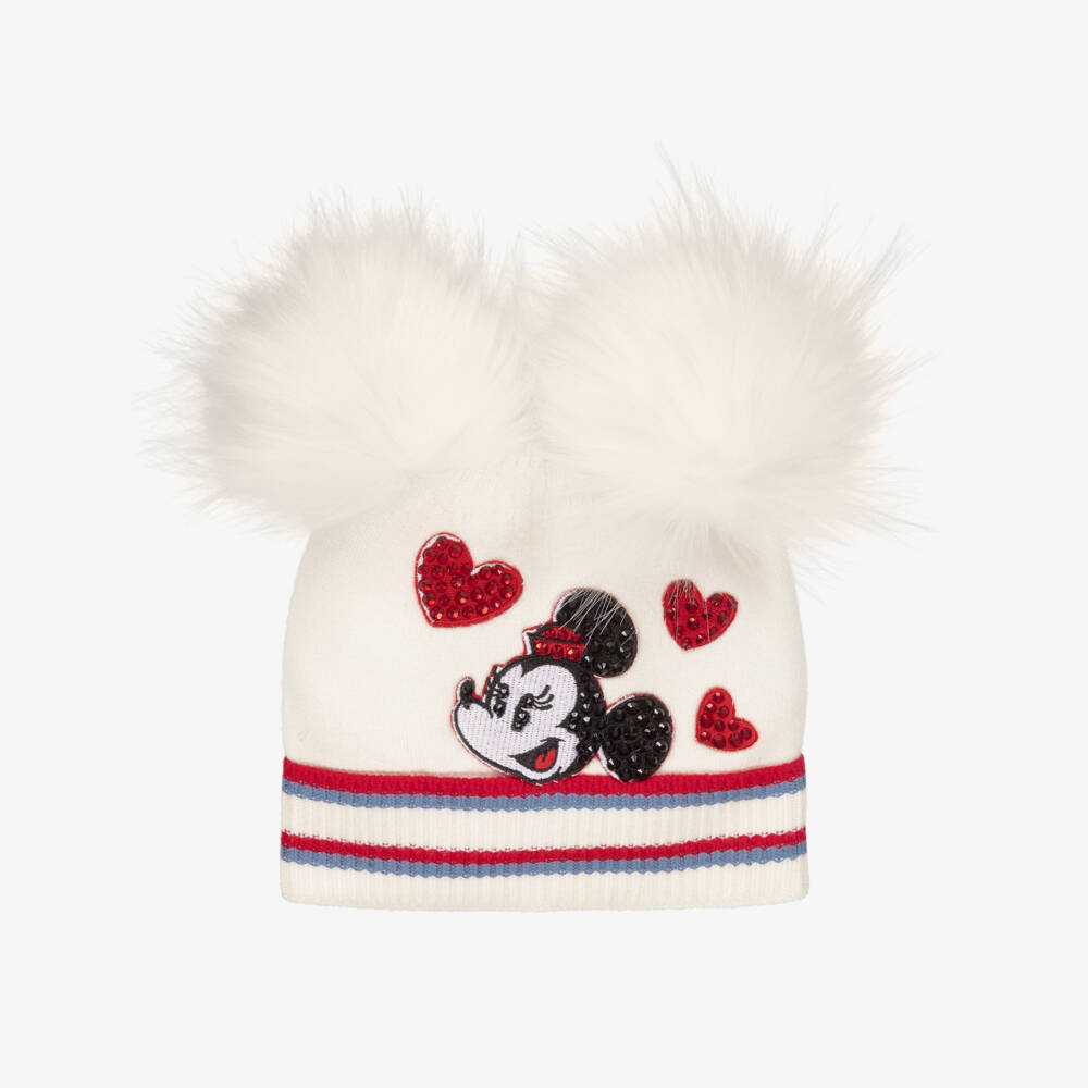 Monnalisa-Girls Ivory Minnie Mouse Pom-Pom Hat | Childrensalon