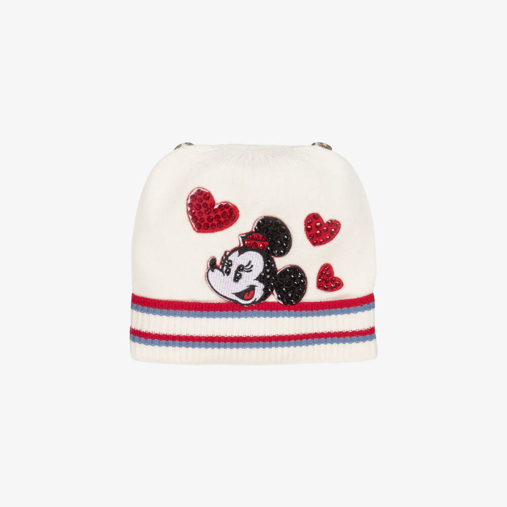 Monnalisa-Girls Ivory Minnie Mouse Pom-Pom Hat | Childrensalon