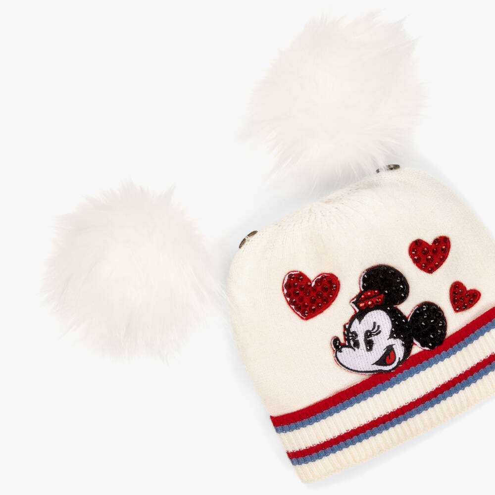 Monnalisa-Girls Ivory Minnie Mouse Pom-Pom Hat | Childrensalon