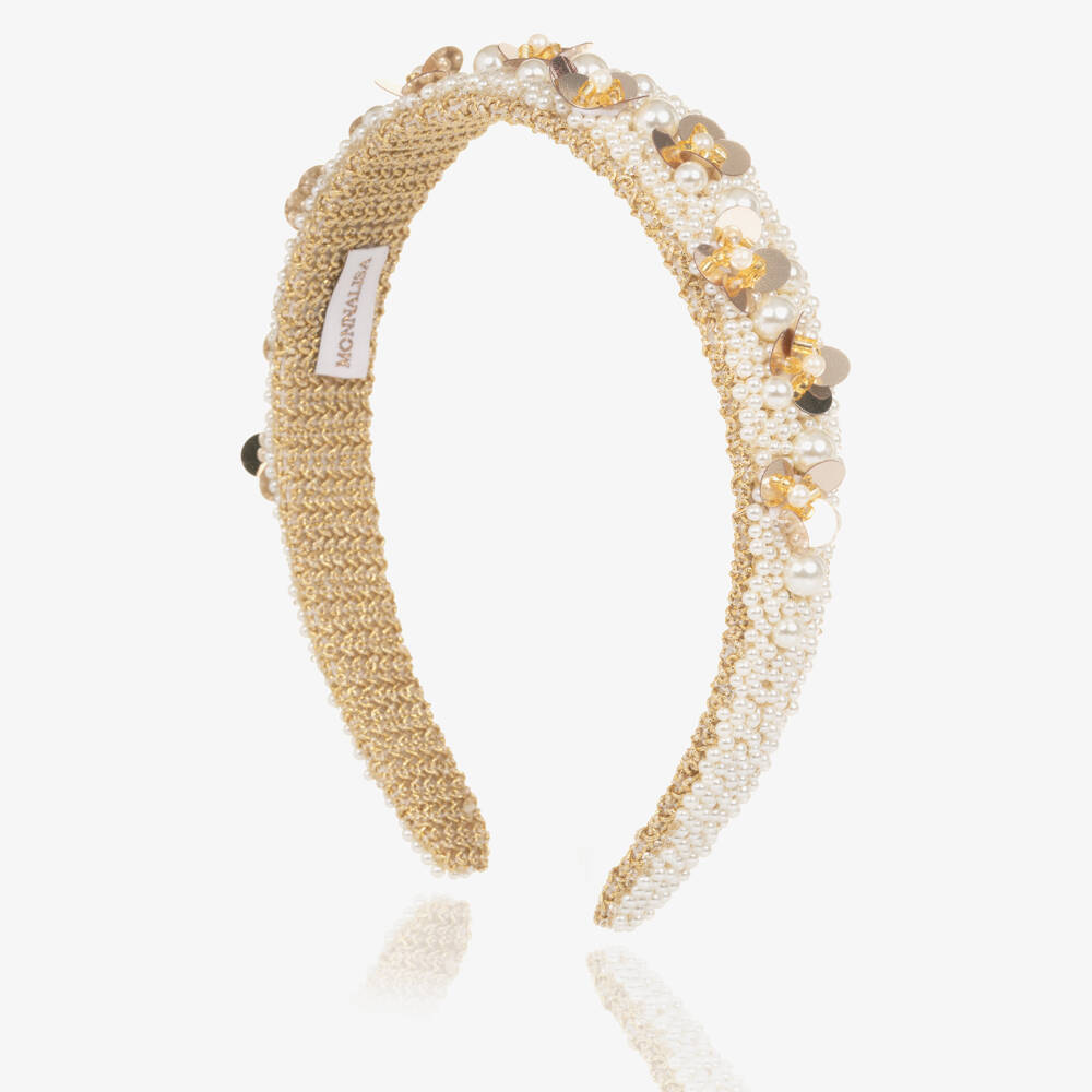 Monnalisa-Girls Ivory Pearl & Gold Sequin Hairband | Childrensalon