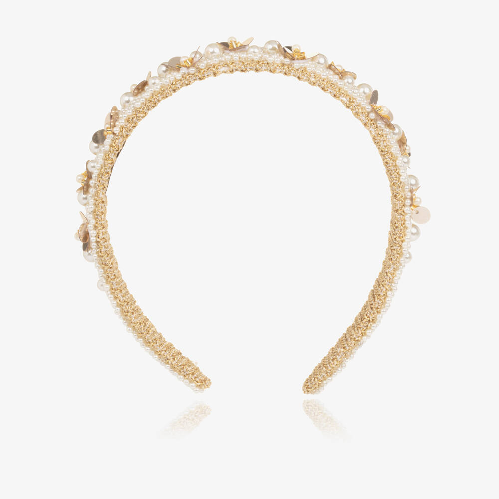 Monnalisa-Girls Ivory Pearl & Gold Sequin Hairband | Childrensalon