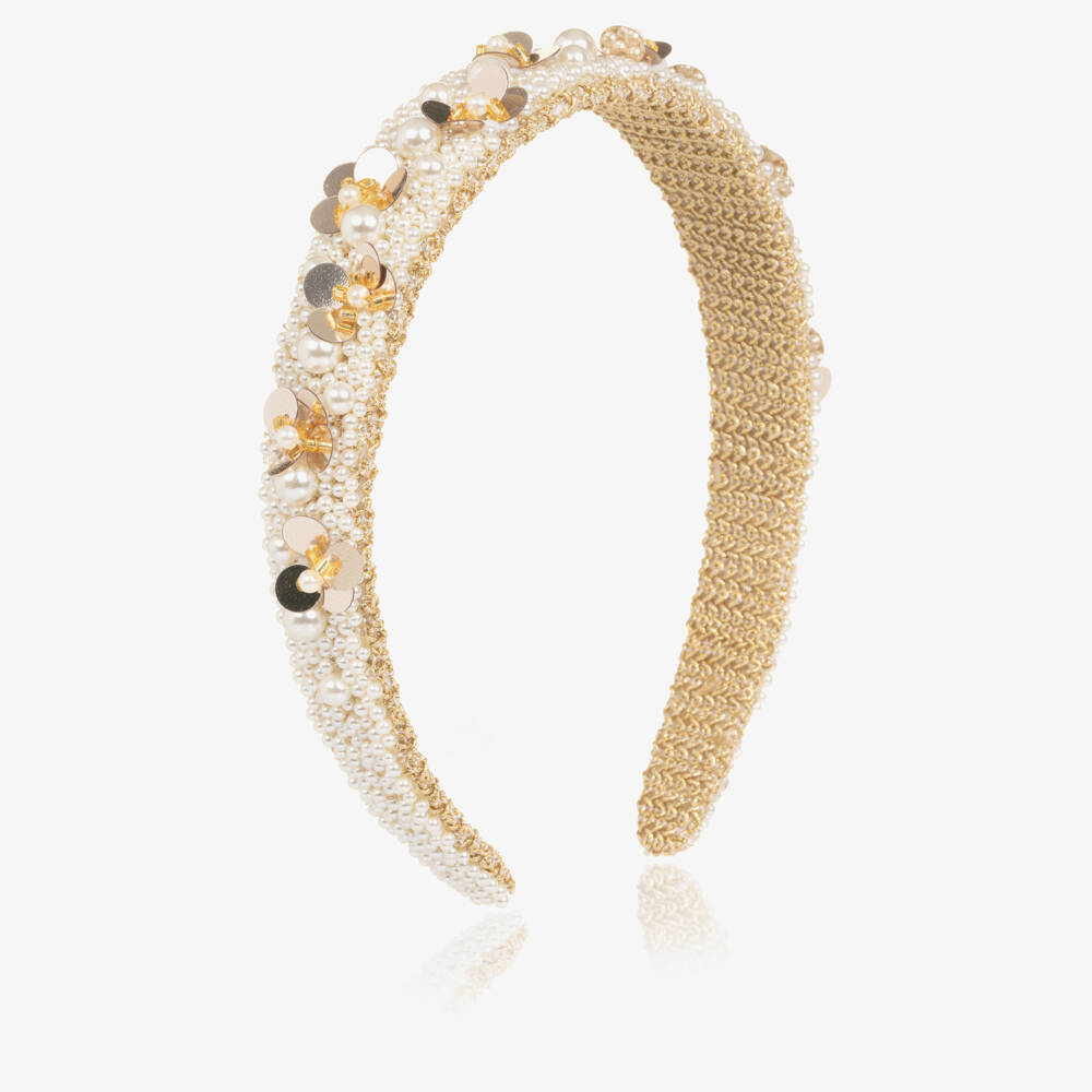 Monnalisa-Girls Ivory Pearl & Gold Sequin Hairband | Childrensalon