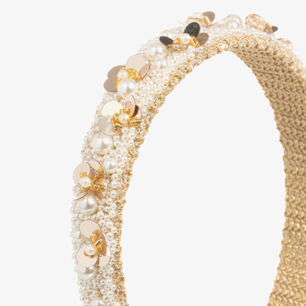 Monnalisa-Girls Ivory Pearl & Gold Sequin Hairband | Childrensalon