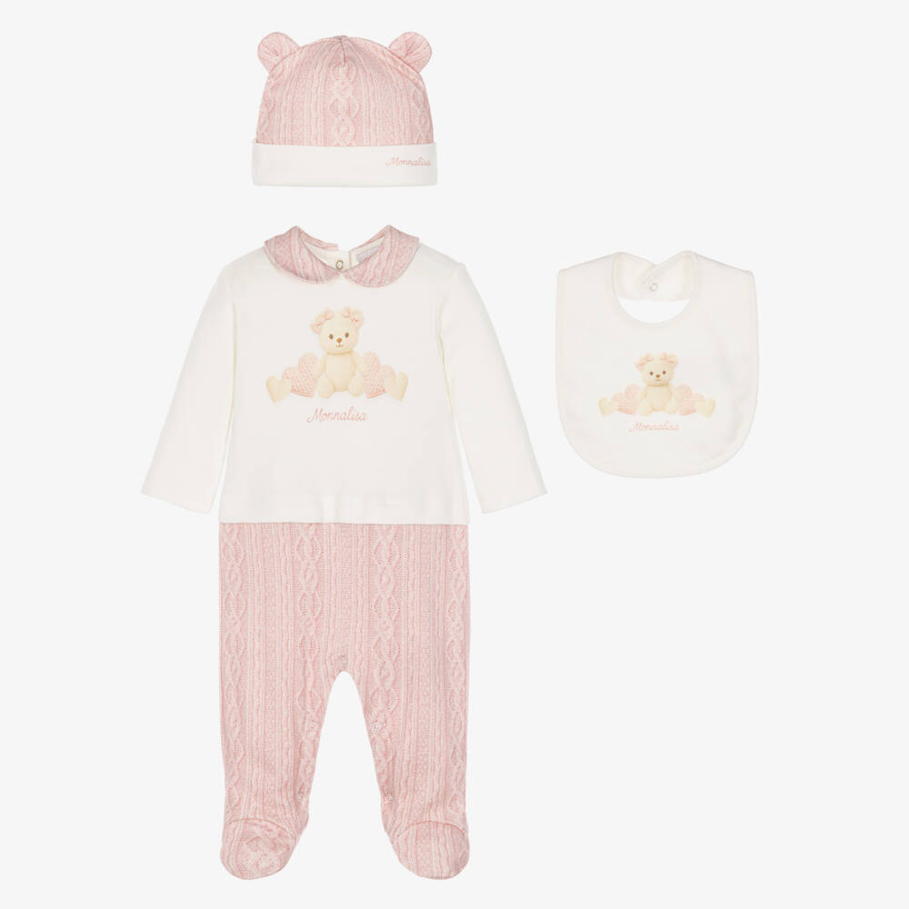 Monnalisa-Girls Ivory & Pink Cable-Knit Print Babysuit Set | Childrensalon