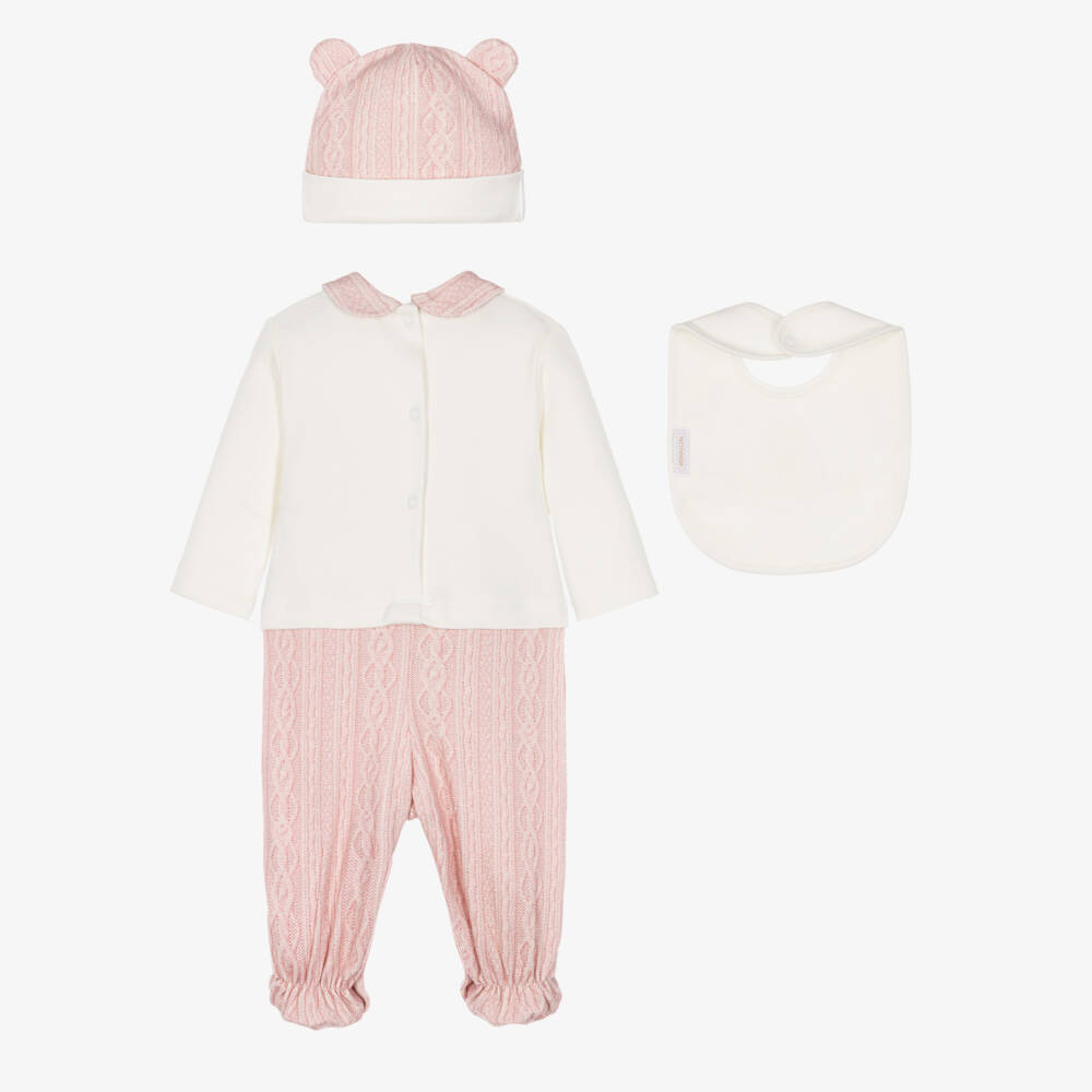 Monnalisa-Girls Ivory & Pink Cable-Knit Print Babysuit Set | Childrensalon