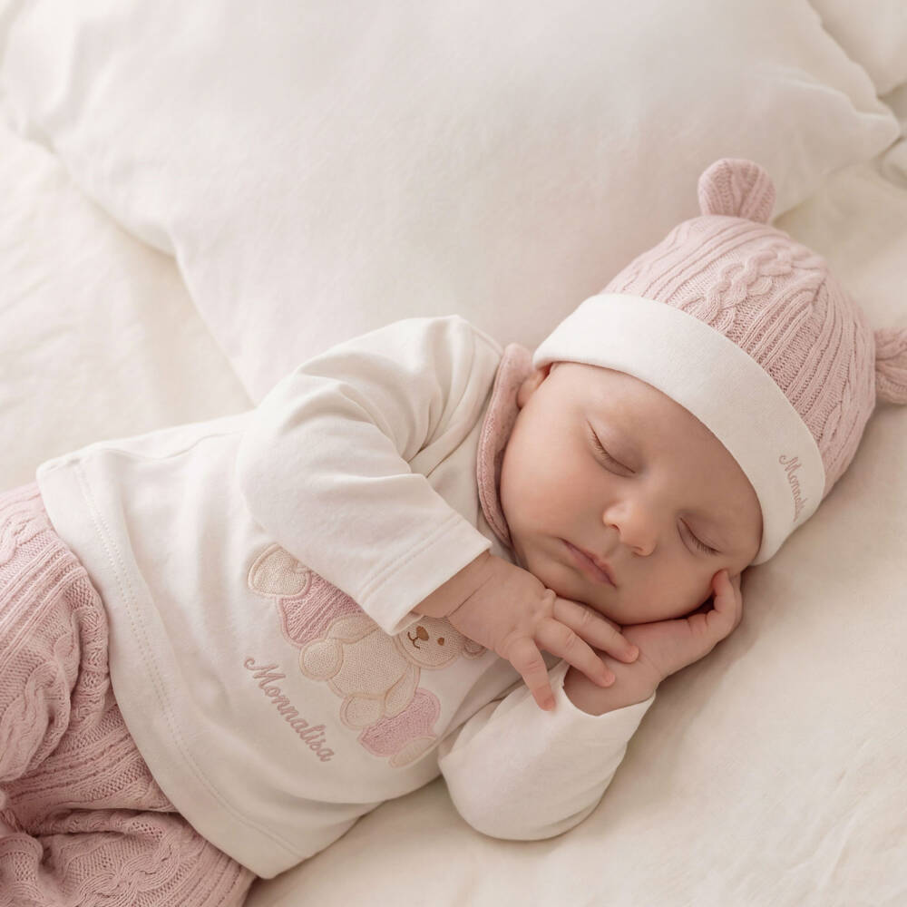 Monnalisa-Girls Ivory & Pink Cable-Knit Print Babysuit Set | Childrensalon