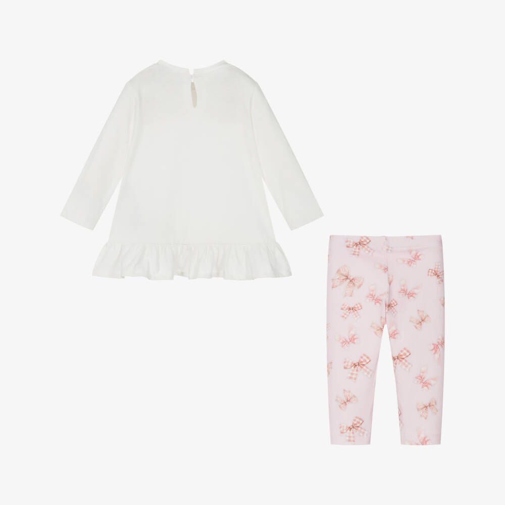 Monnalisa-Girls Ivory & Pink Cotton Bow Leggings Set | Childrensalon
