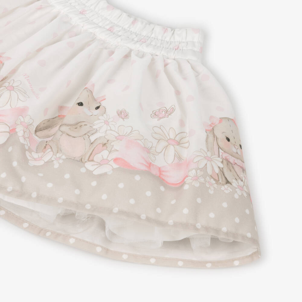 Monnalisa-Girls Ivory & Pink Cotton Bunny Print Skirt | Childrensalon