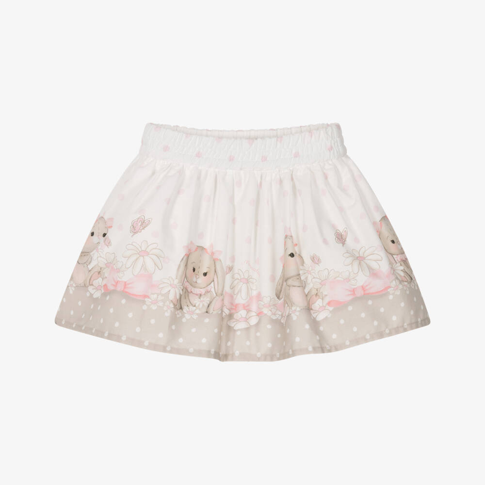 Monnalisa-Girls Ivory & Pink Cotton Bunny Print Skirt | Childrensalon