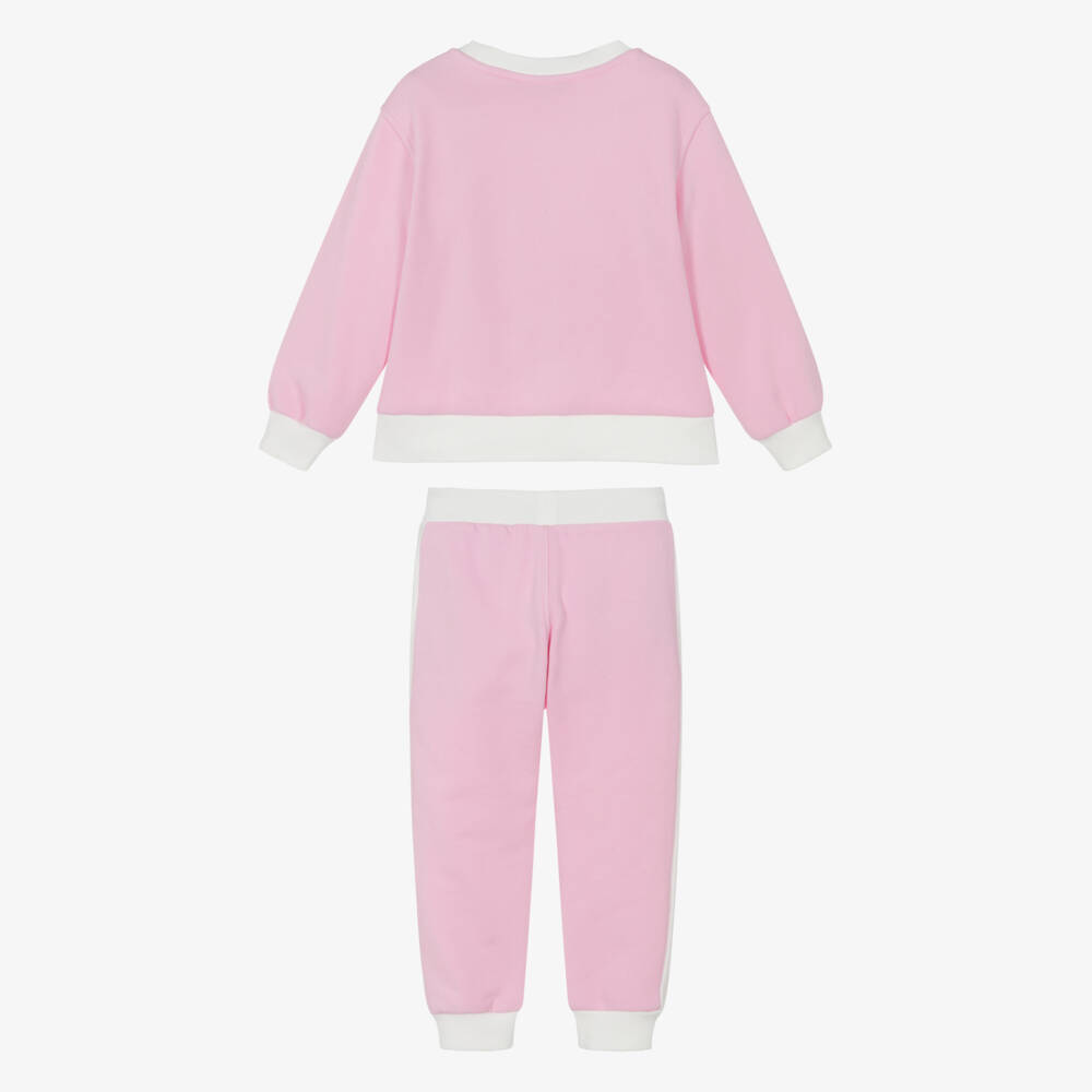 Monnalisa-Girls Ivory & Pink Cotton Cat Print Tracksuit | Childrensalon
