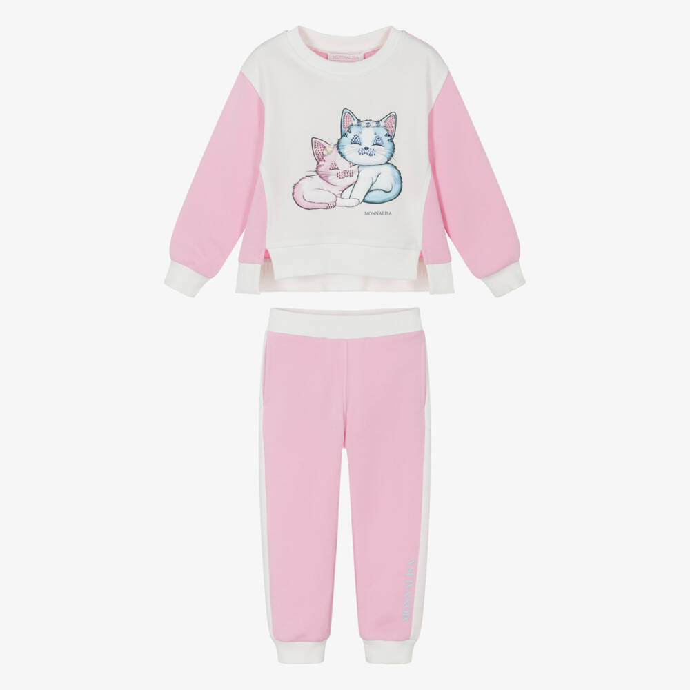 Monnalisa-Girls Ivory & Pink Cotton Cat Print Tracksuit | Childrensalon
