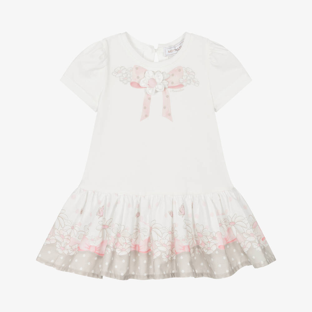 Monnalisa-Girls Ivory & Pink Cotton Dress with Bow & Floral Print | Childrensalon