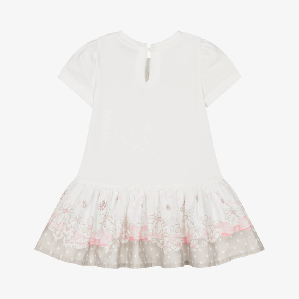 Monnalisa-فستان قطن مزين بفيونكة وورود لون عاجي وزهري للبنات | Childrensalon