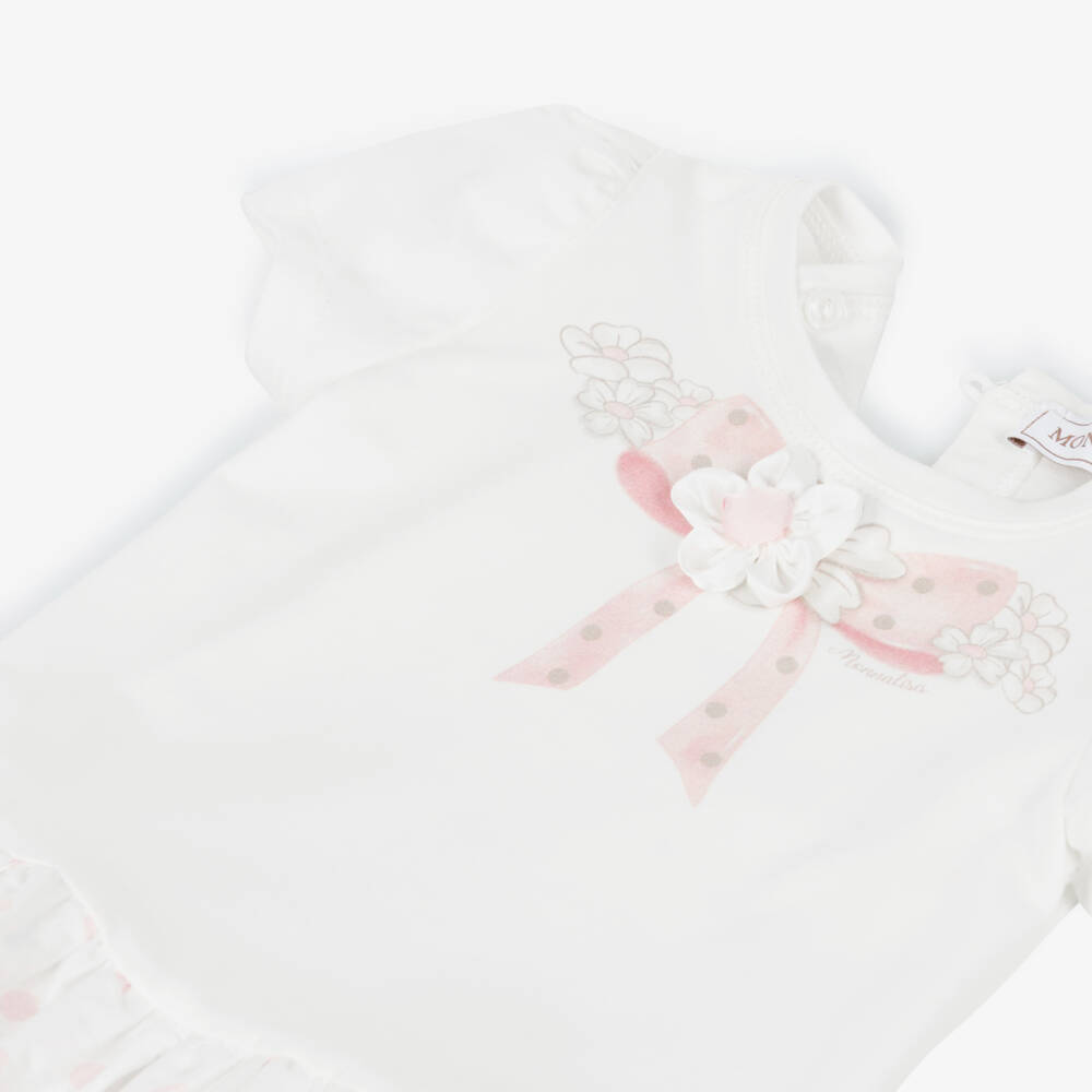 Monnalisa-Girls Ivory & Pink Cotton Dress with Bow & Floral Print | Childrensalon