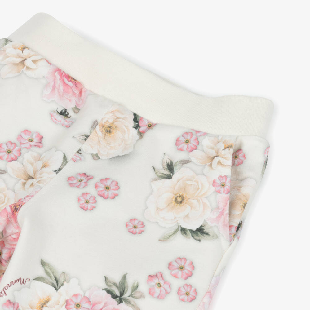 Monnalisa-Girls Ivory & Pink Cotton Joggers with Vintage Rose Print | Childrensalon