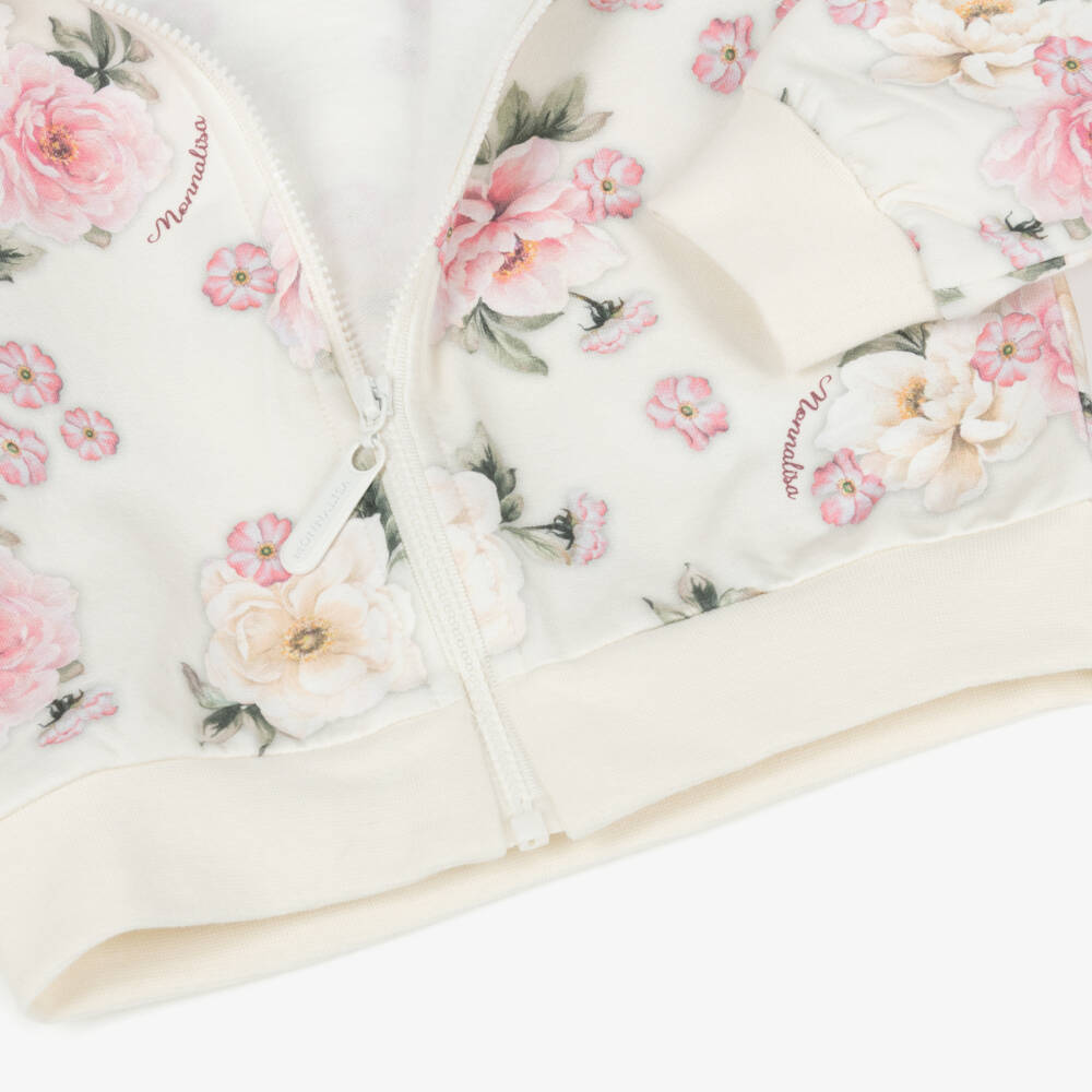 Monnalisa-بنطلون رياضي قطن لون زهري وعاجي بطبعة ورود للبنات | Childrensalon