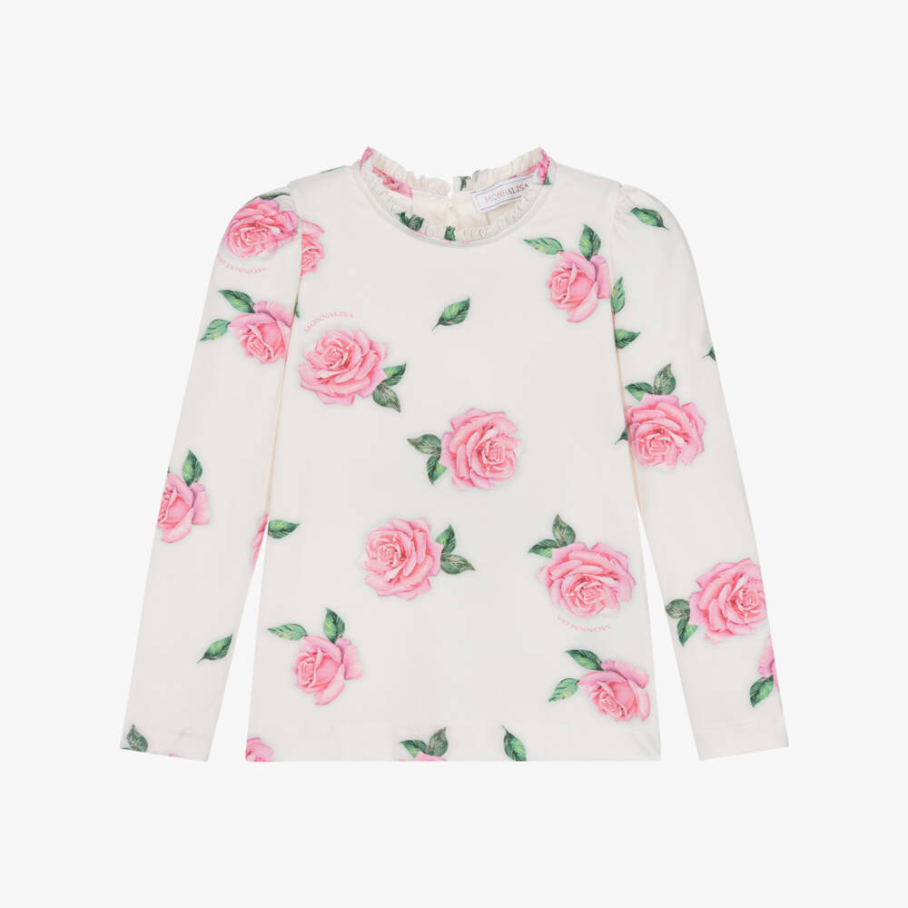 Monnalisa-Girls Ivory & Pink Cotton Roses Top with Logos | Childrensalon