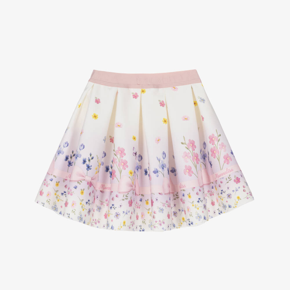 Monnalisa-Girls Ivory & Pink Flower Print Jersey Skirt | Childrensalon