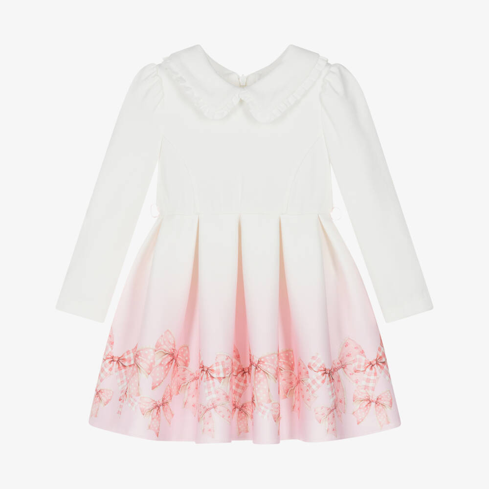 Monnalisa-Girls Ivory & Pink Ombré Milano Jersey Bow Print Dress | Childrensalon