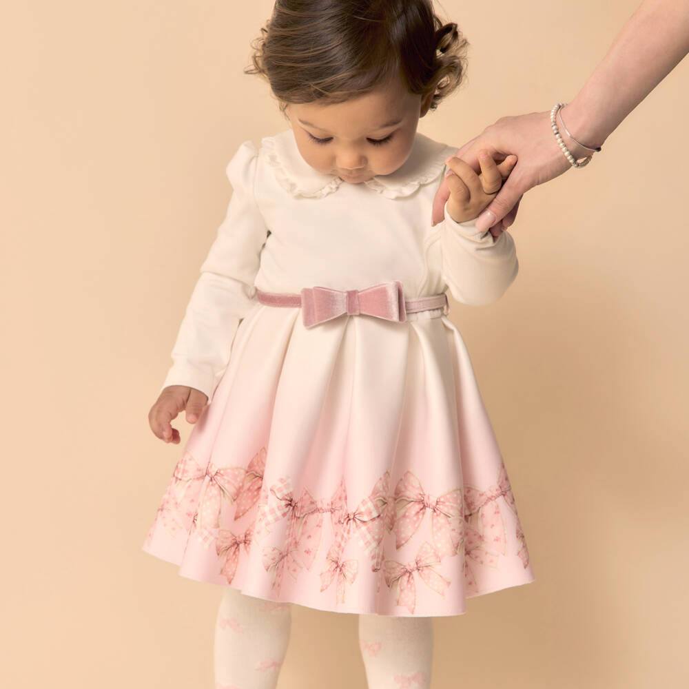 Monnalisa-Girls Ivory & Pink Ombré Milano Jersey Bow Print Dress | Childrensalon