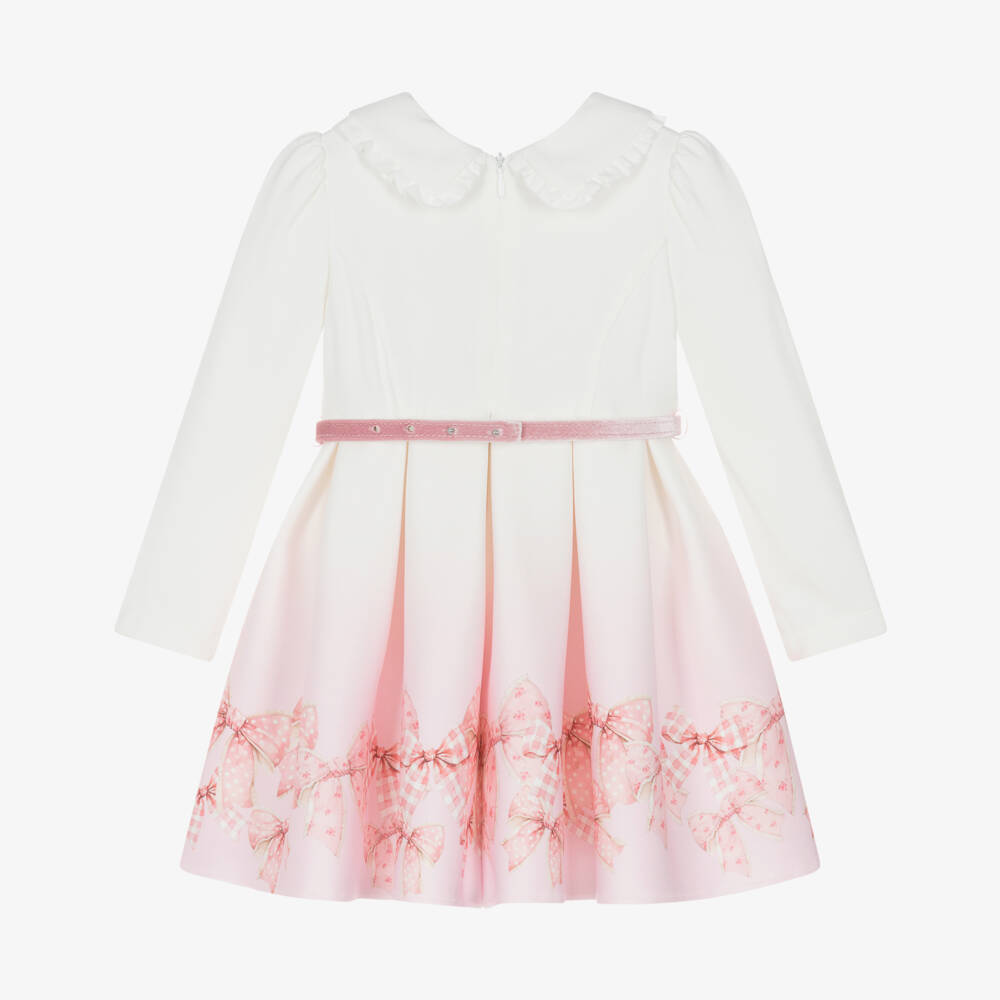 Monnalisa-Girls Ivory & Pink Ombré Milano Jersey Bow Print Dress | Childrensalon