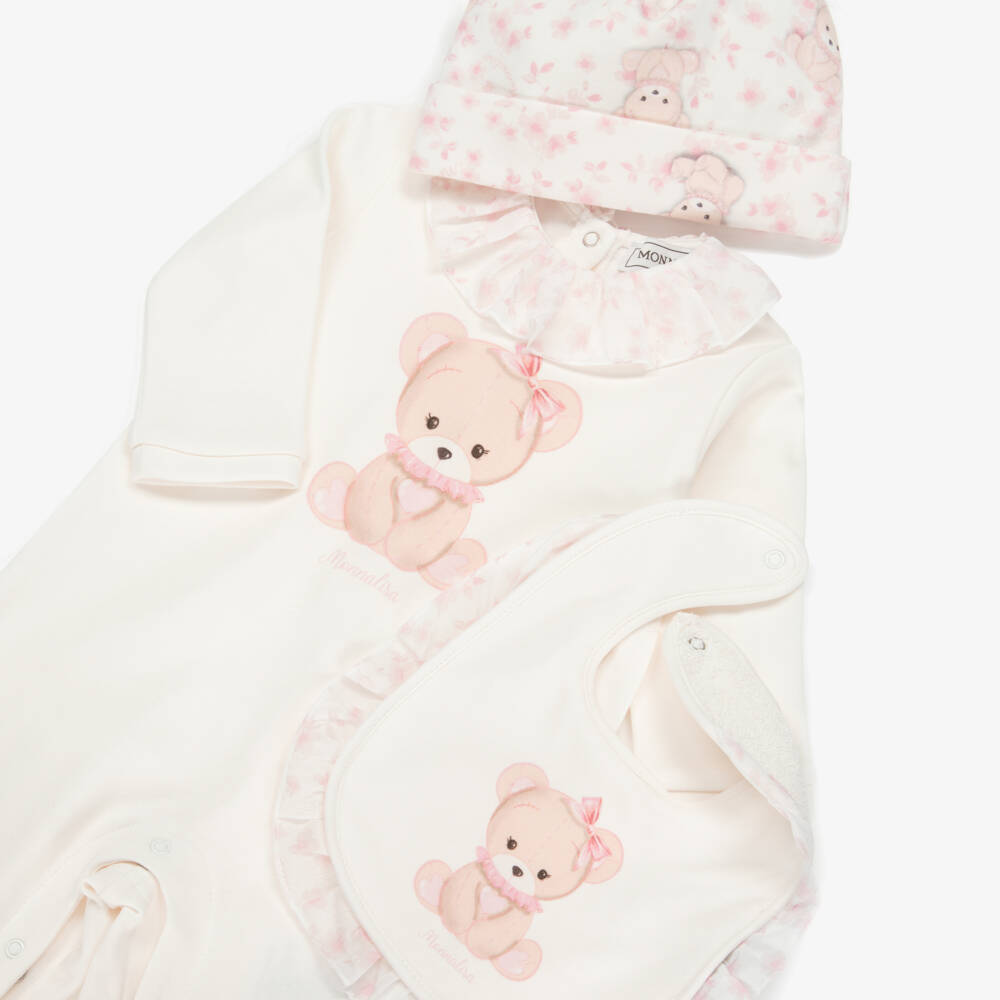 Monnalisa-Girls Ivory & Pink Teddy Bear Print Babysuit Set  | Childrensalon