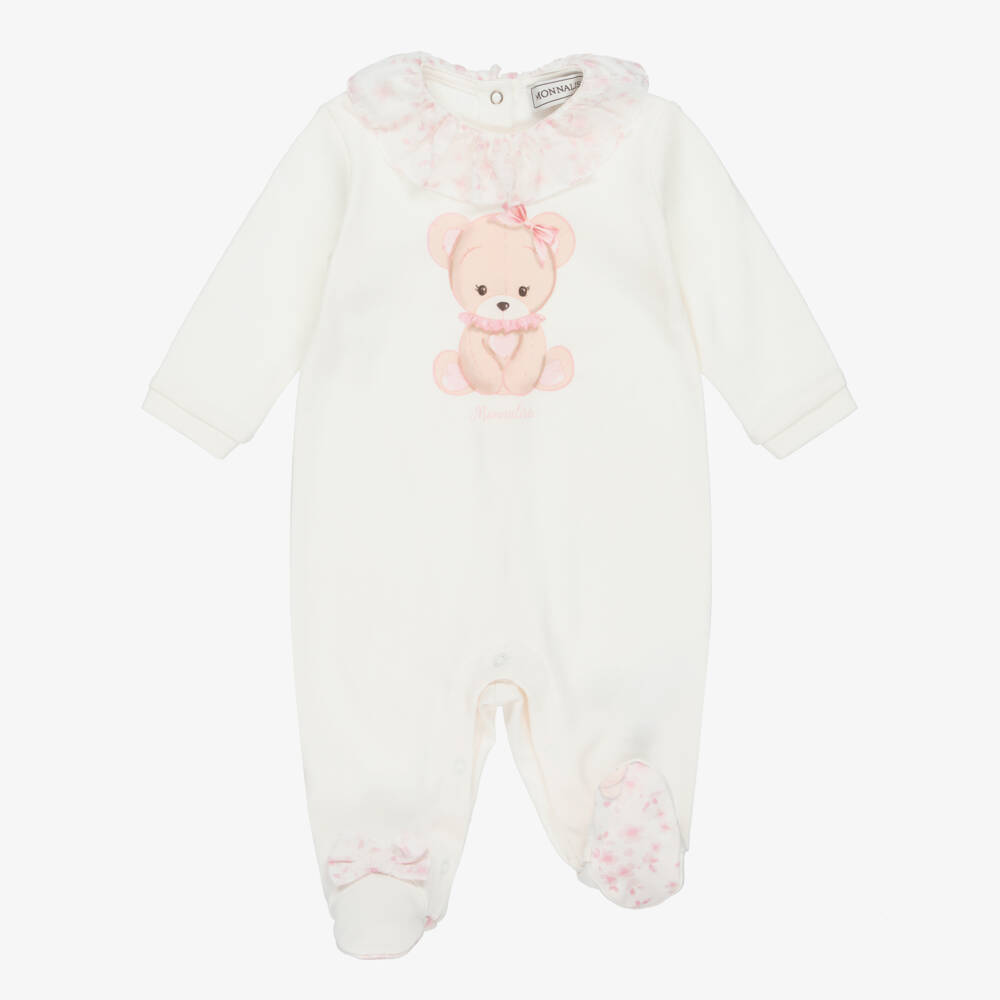 Monnalisa-Girls Ivory & Pink Teddy Bear Print Babysuit Set  | Childrensalon