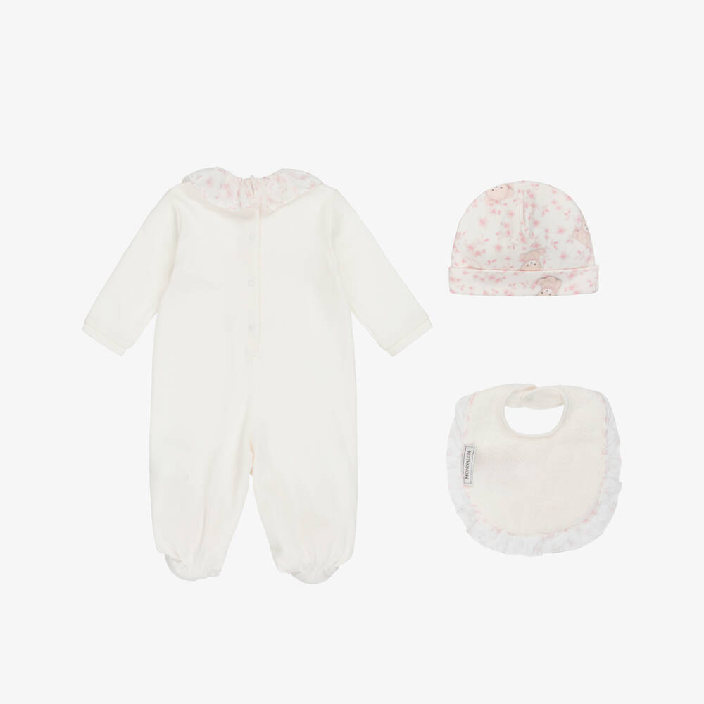 Monnalisa-Girls Ivory & Pink Teddy Bear Print Babysuit Set  | Childrensalon