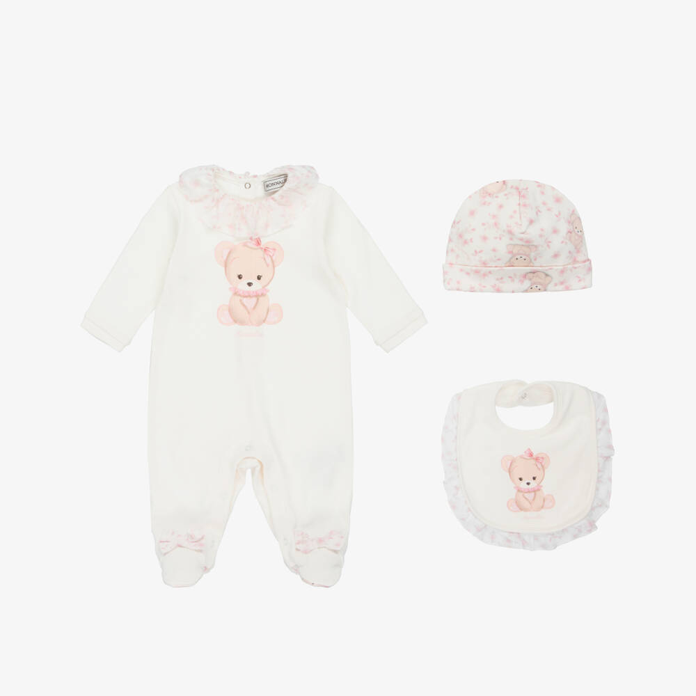 Monnalisa-Girls Ivory & Pink Teddy Bear Print Babysuit Set  | Childrensalon