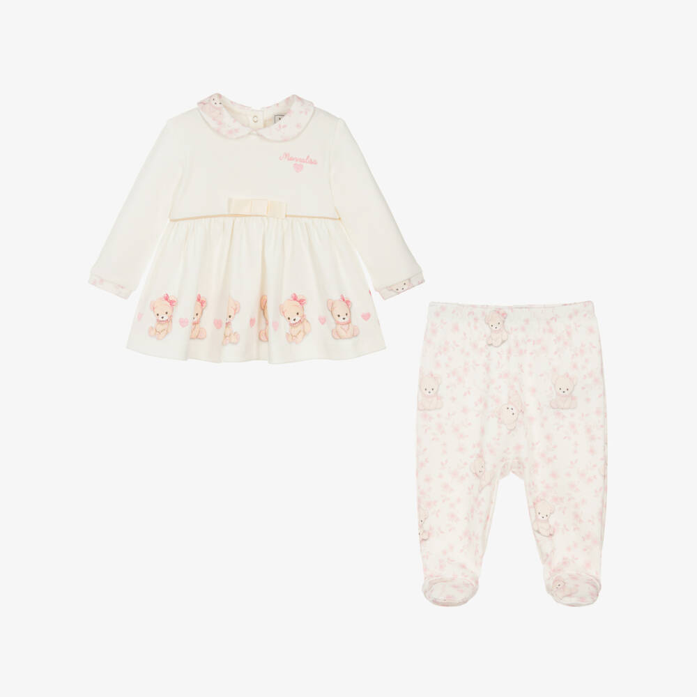 Monnalisa-Girls Ivory & Pink Teddy Print 2 Piece Babygrow | Childrensalon