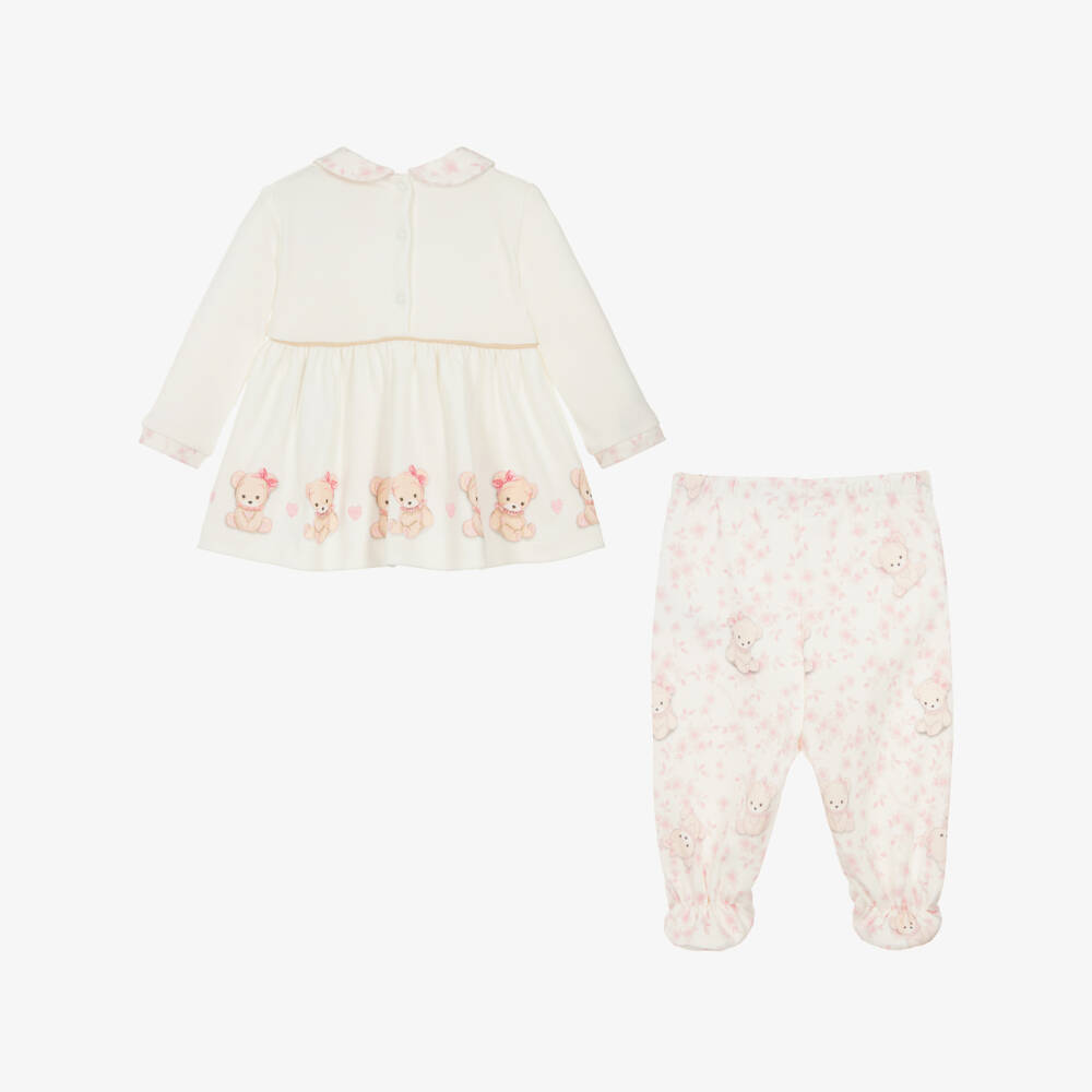 Monnalisa-Girls Ivory & Pink Teddy Print 2 Piece Babygrow | Childrensalon