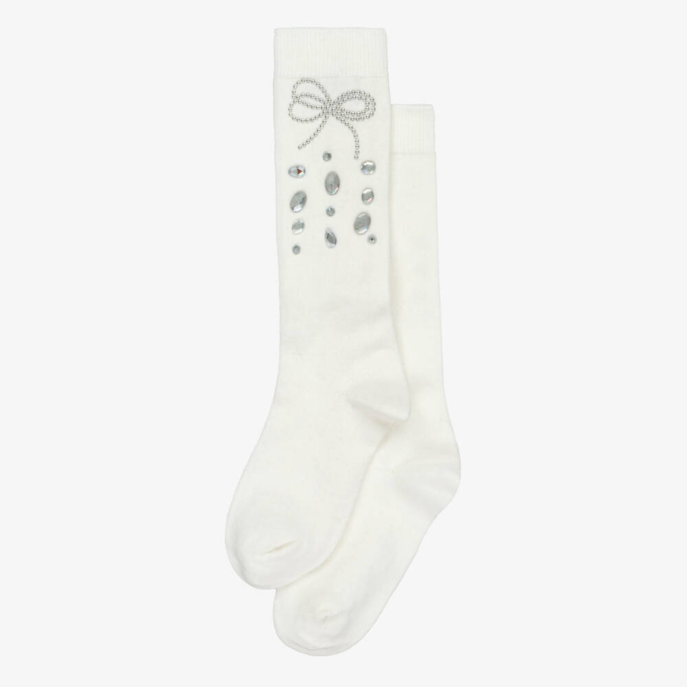 Monnalisa-Girls Ivory Rhinestone & Studded Bow Socks | Childrensalon