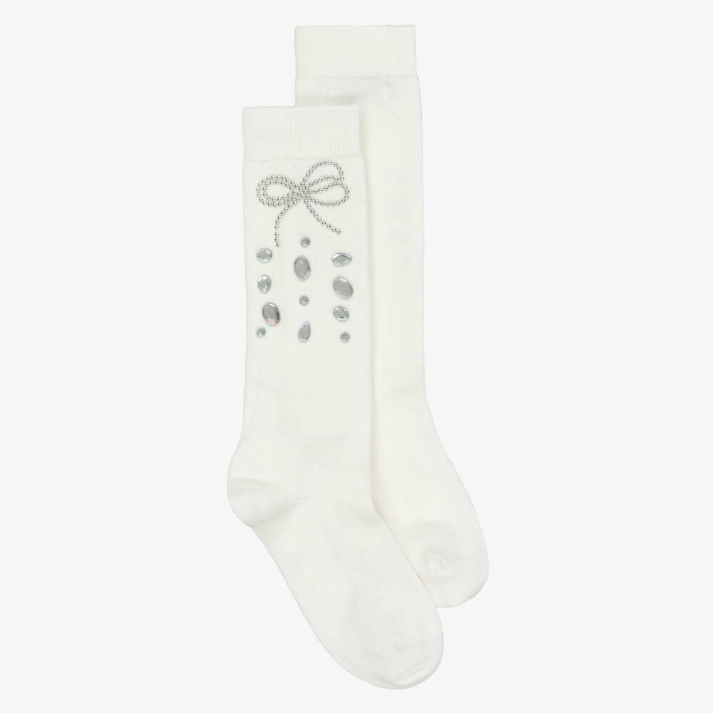 Monnalisa-Girls Ivory Rhinestone & Studded Bow Socks | Childrensalon