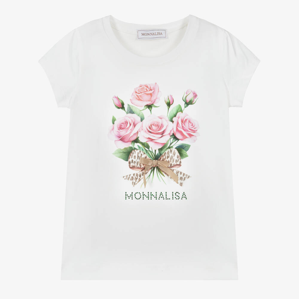 Monnalisa-Girls Ivory Rose Print Cotton Jersey T-Shirt | Childrensalon